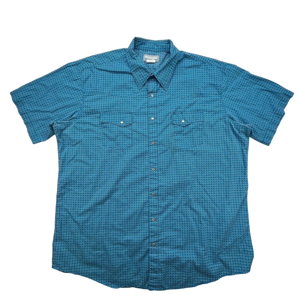 Wrangler Wrancher Shirt Mens 2XT Blue Western Pearl Snap Short Sleeve MTW1446